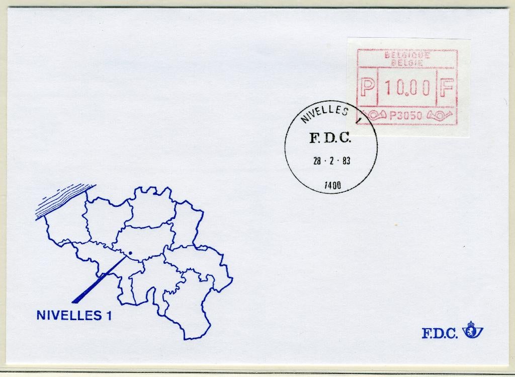 (B) Enveloppe ATM50 FDC 1983 - Nivelles 1 (P3050), Enlèvement ou Envoi, Affranchi, Avec enveloppe, Oblitération 1er jour