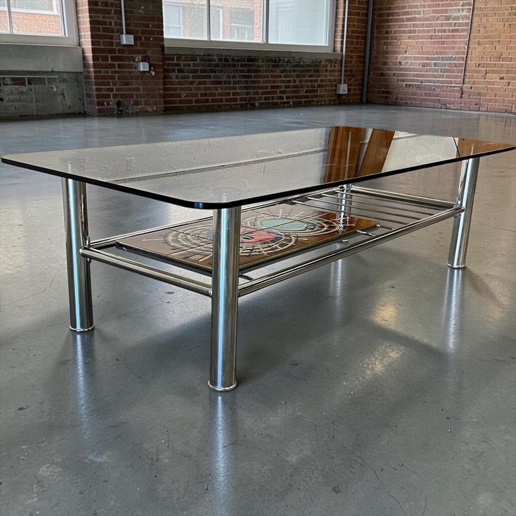 vintage salontafel met fumé glas en chromen frame, Antiek en Kunst, Verzenden