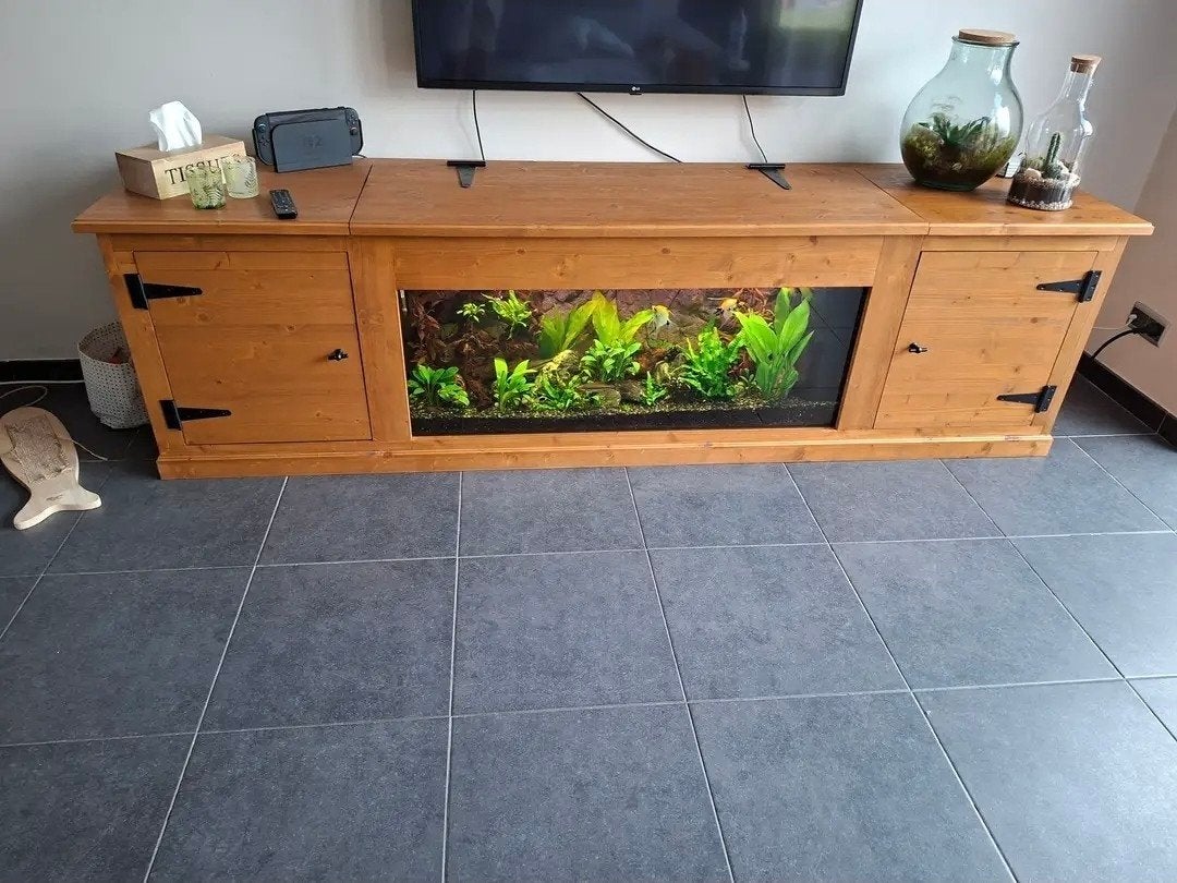 Maatkast met compleet aquarium 240L, Dieren en Toebehoren, Ophalen, Inclusief vissen, Zo goed als nieuw, Aquariummeubel