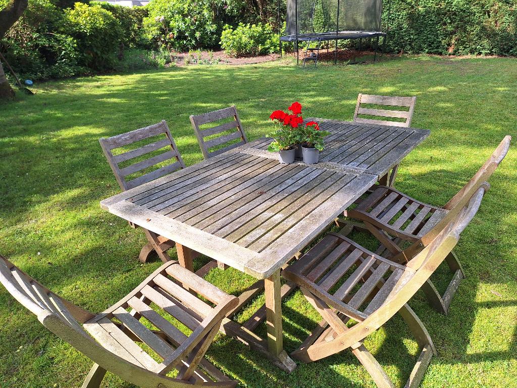 Tuintafel teak met stoelen, Tuin en Terras, Tuintafels, Ophalen, Gebruikt, Rechthoekig, Teakhout