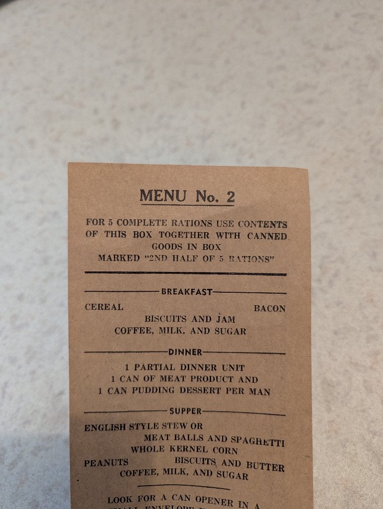 Menu papier carton de ration us ww2 First Half, second half, Enlèvement ou Envoi, Armée de terre, Livre ou Revue