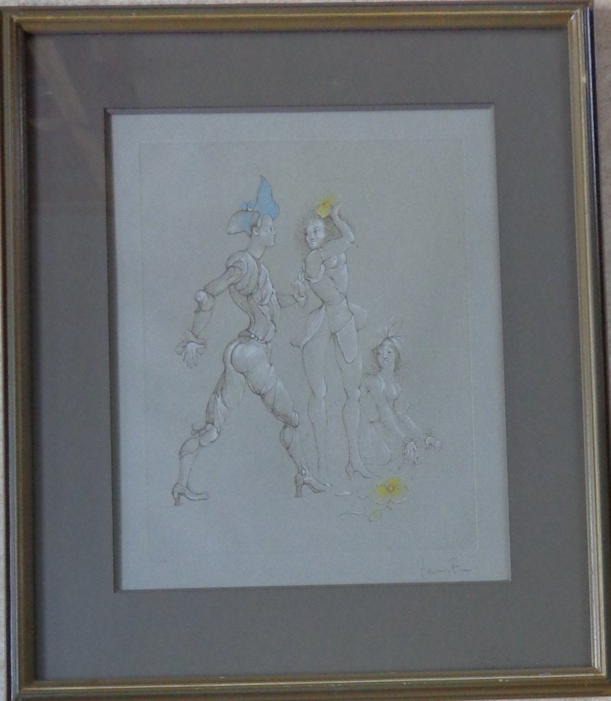 LEONOR FINI / DRIE FIGUREN / KLEURLITHO / 75x64cm / KADER, Avec verre, Enlèvement, Personnages et figures fantastiques, Lithographie