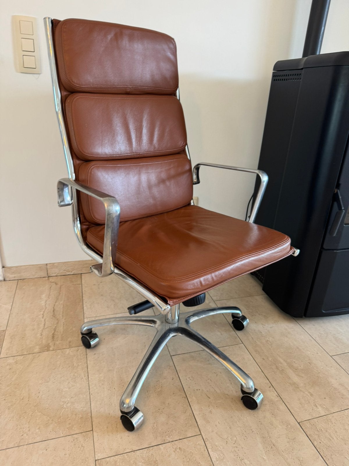 Prachtige vintage comfort bureaustoel in cognac leder., Huis en Inrichting, Ophalen, Gebruikt, Bureaustoel