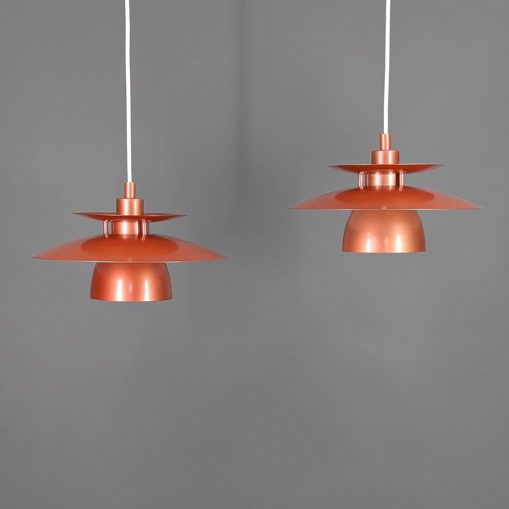 Set 2 vintage Scandinavische hanglampen – koper – Ø30 cm, Kunststof, Verzenden, E27 (groot), Zo goed als nieuw