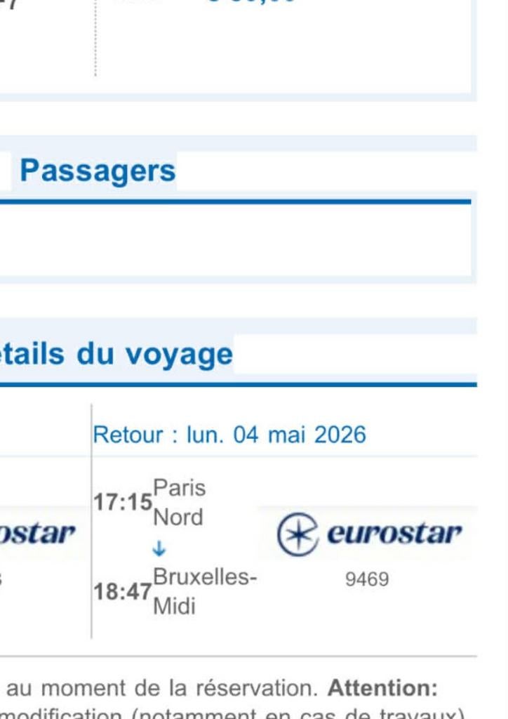 Billet de train eurostar Paris-Bruxelles durée 1h30, Tickets & Billets, Train