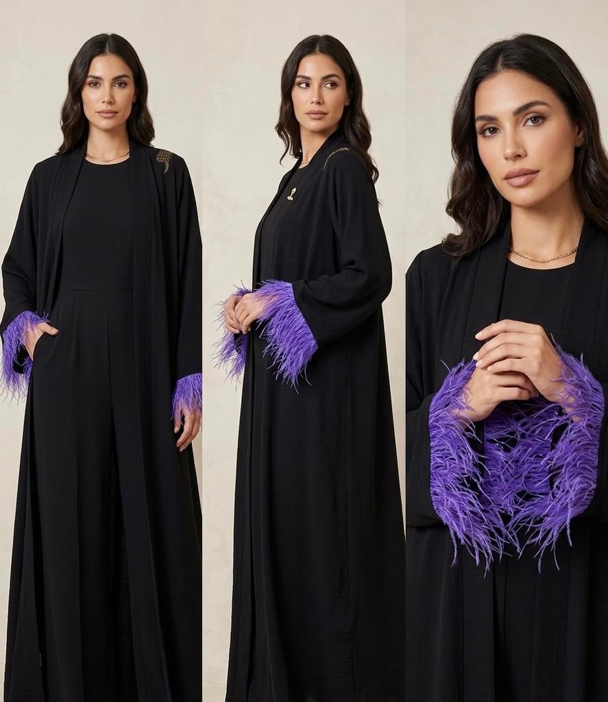 Luxe Zwarte Abaya met Indigo Veren & Riem, Ophalen of Verzenden, Zo goed als nieuw, Maat 38/40 (M), Zwart