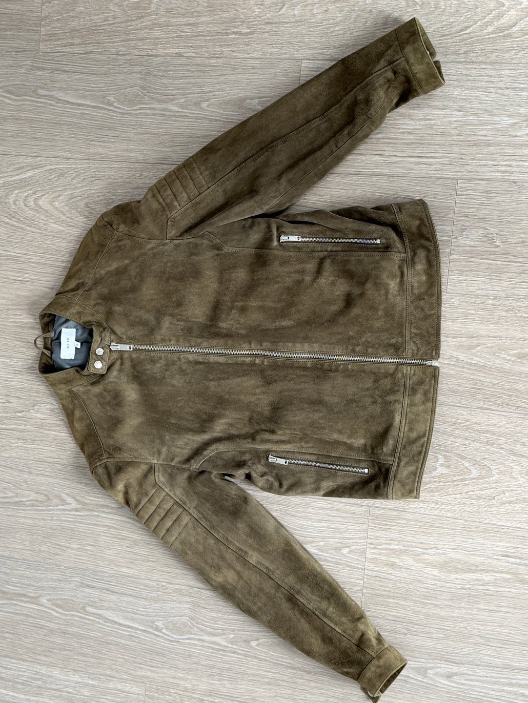Reiss London - Kaki Leren Jas - Echt Geitenleer, Kleding | Heren, Jassen | Zomer, Ophalen, Zo goed als nieuw, Maat 56/58 (XL)