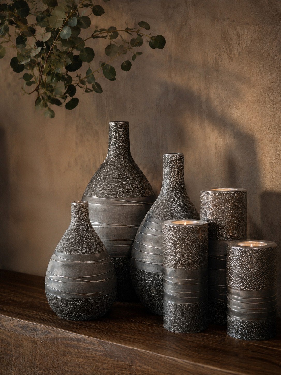 Set decoratieve grijze vazen – stoer & stijlvol, Huis en Inrichting, Ophalen of Verzenden, Grijs