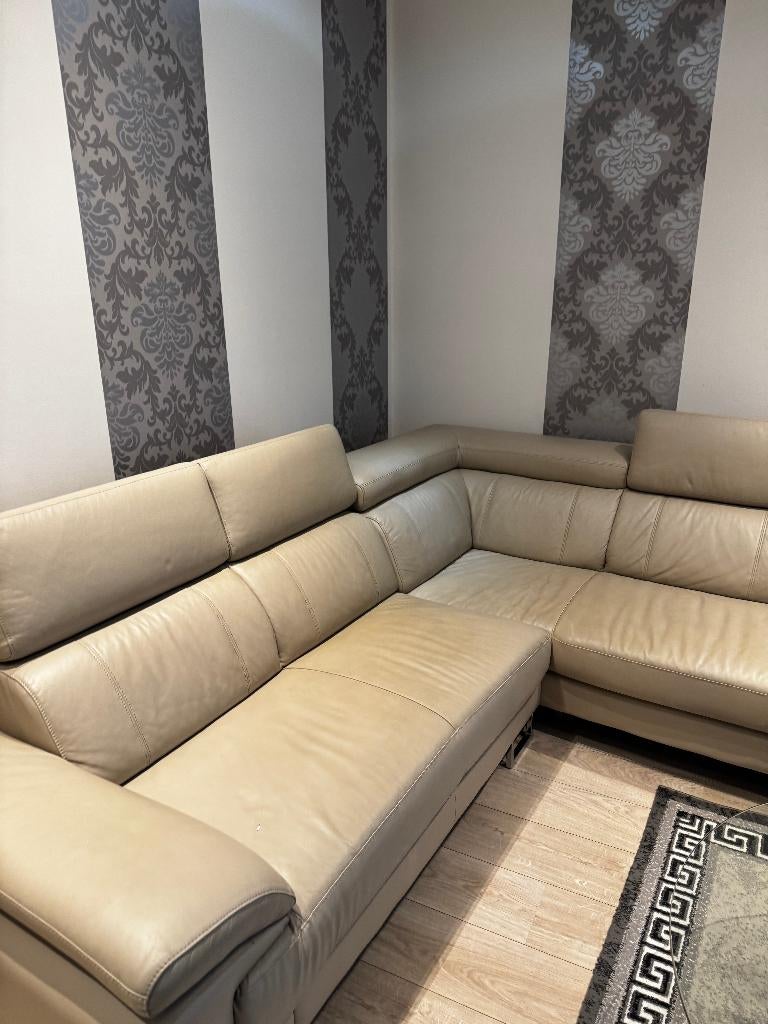 Beige leren hoekbank Colisee, 250 tot 300 cm, 100 tot 125 cm, Hoekbank, Zo goed als nieuw