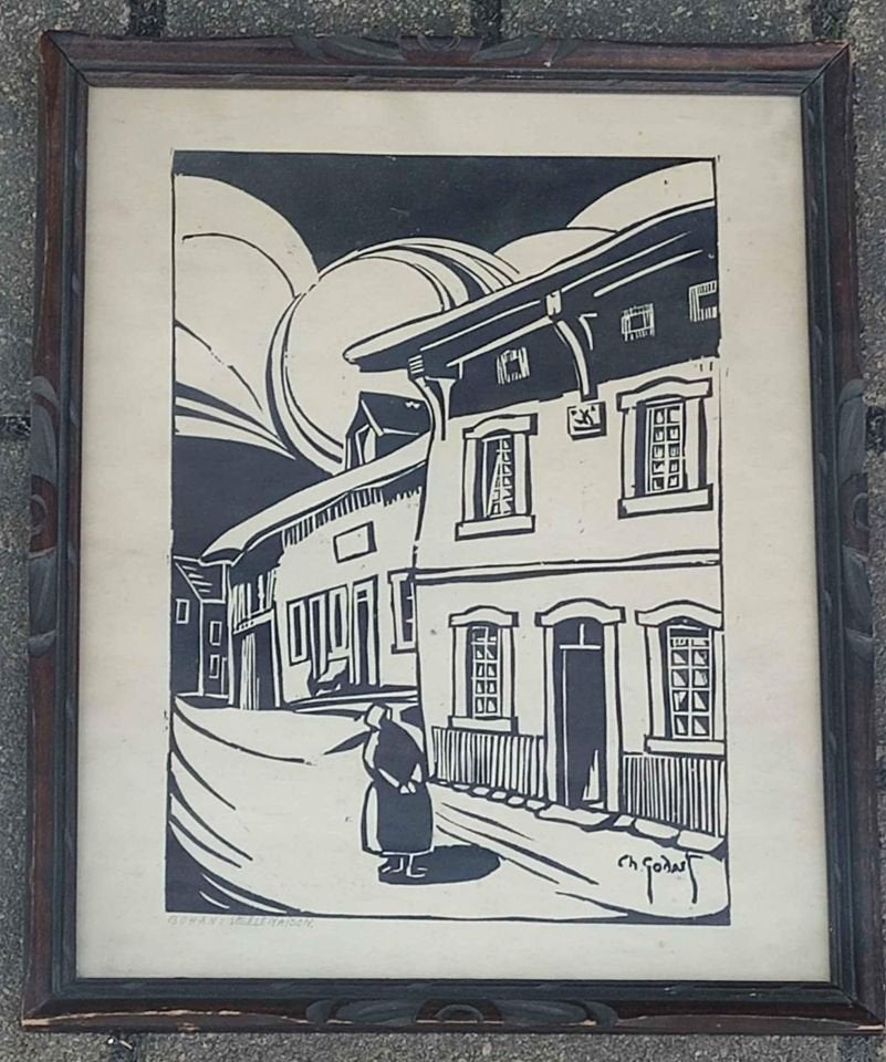 Lithographie bohan vieille maison signe ch godart, Enlèvement ou Envoi, Lithographie