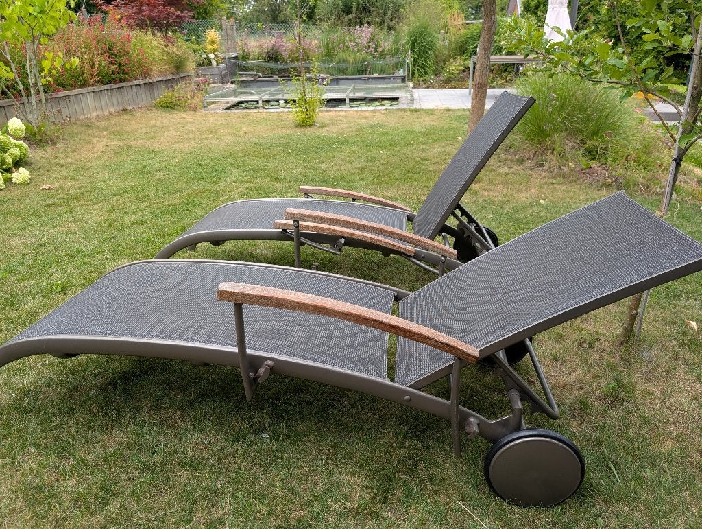 2 Bellagio Lugo ligbedden met wiel, Tuin en Terras, Ophalen, Zo goed als nieuw, Aluminium, Verstelbaar