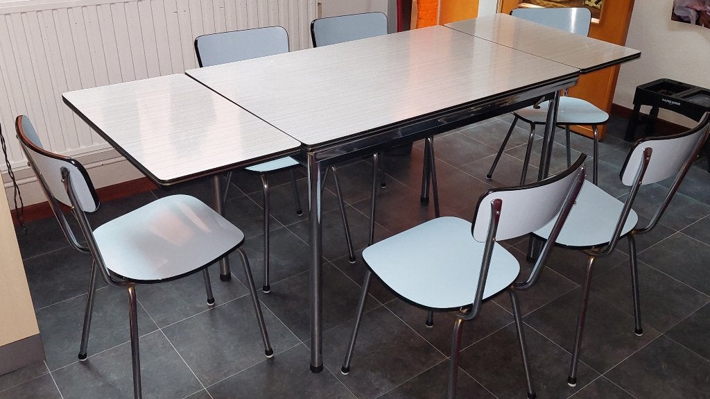 6 chaises de cuisine en formica bleu clair « 1960 » +table », Maison & Meubles, 150 à 200 cm, Cinq personnes ou plus, Vintage "Sixties"