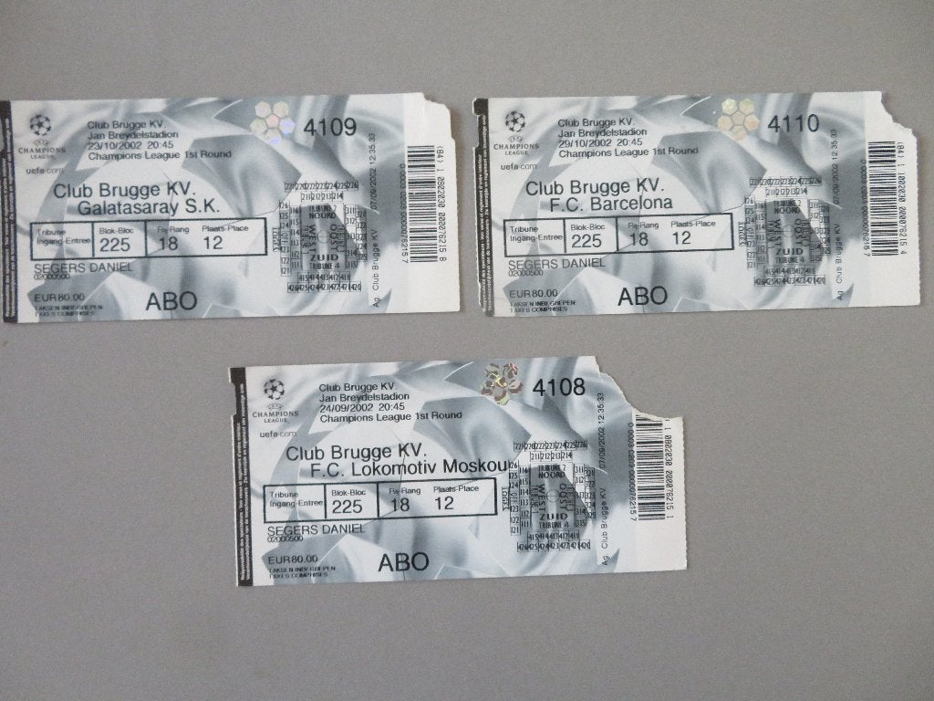 Club Brugge 3 Champions tickets 2002 Barcelona Galatasaray, Ophalen of Verzenden, Zo goed als nieuw, Overige typen