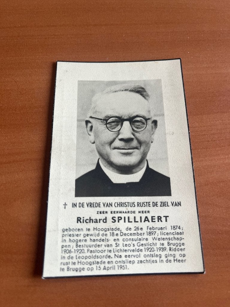 Priester R.Spilliaert- Hoogstade 1874 +Brugge 1951, Verzenden, Rouwkaart