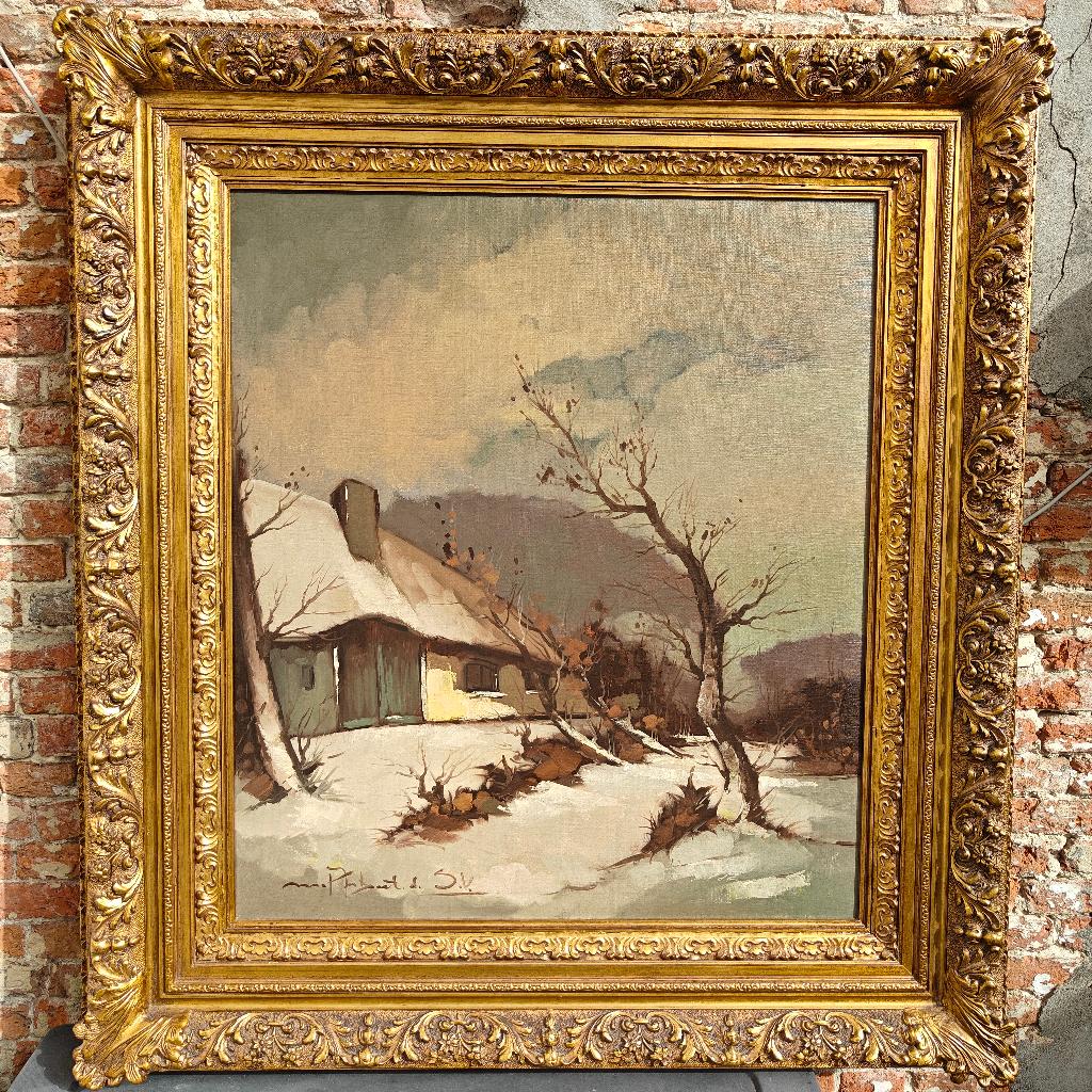 Klassiek schilderij winterlandschap in vergulde lijst 113cm, Ophalen