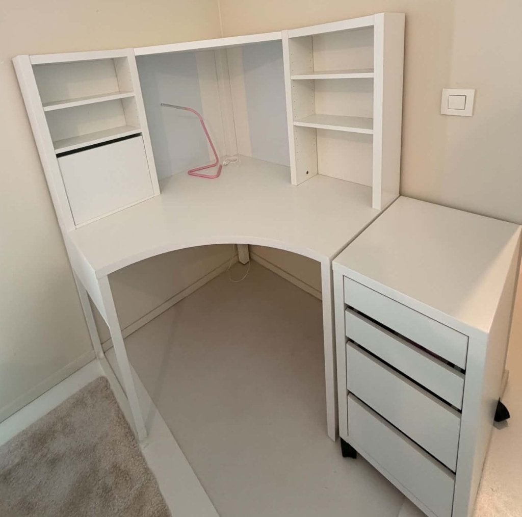 Bureau Micke - bureau d'angle + meuble à tiroirs, Utilisé, IKEA, Blanc, Enlèvement
