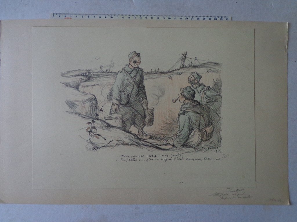 originele litho Francisque Poulbot Eerste wereldoorlog 1915, Antiek en Kunst, Kunst | Litho's en Zeefdrukken, Lithografie, Genummerd