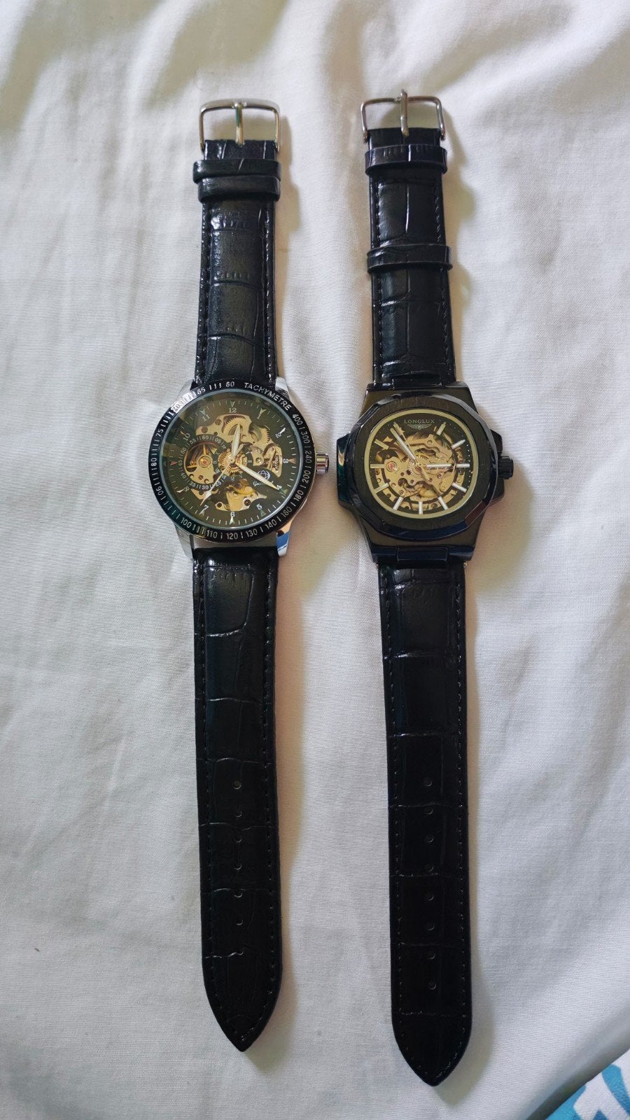 Lot de 2 montres automatiques homme – Squelette – Bracelet c, Enlèvement ou Envoi, Cuir