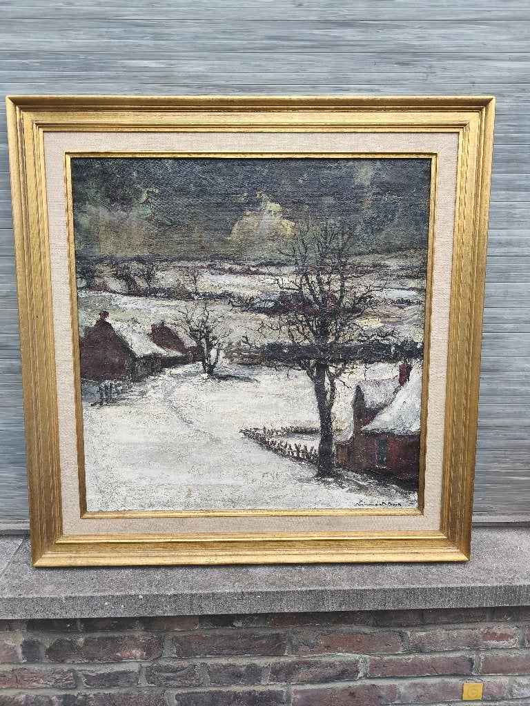 Huile sur toile paysage enneigé signe Léonard de buck, Antiek en Kunst, Ophalen, Landschap, Doek
