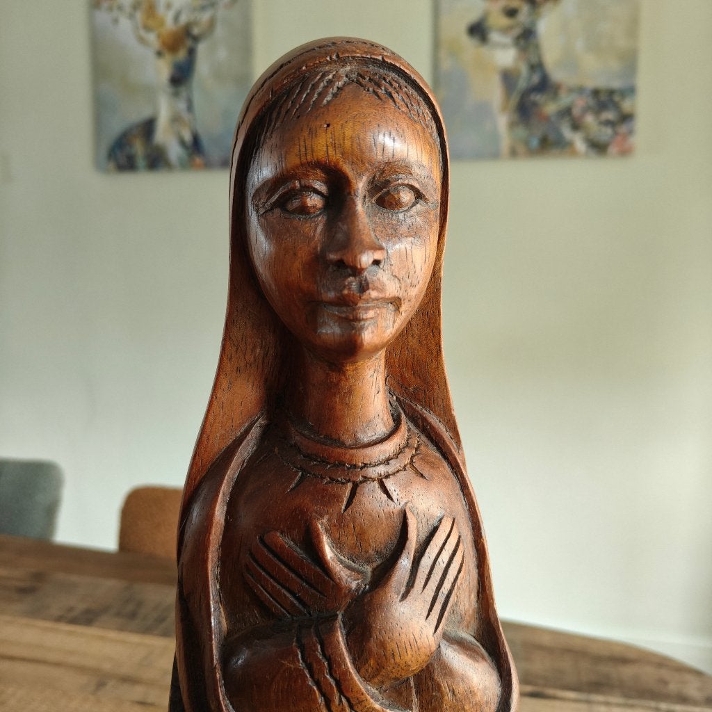 Statue de Marie en bois sculptée à la main 45 cm, Statue, Bois, Brun, Fait main