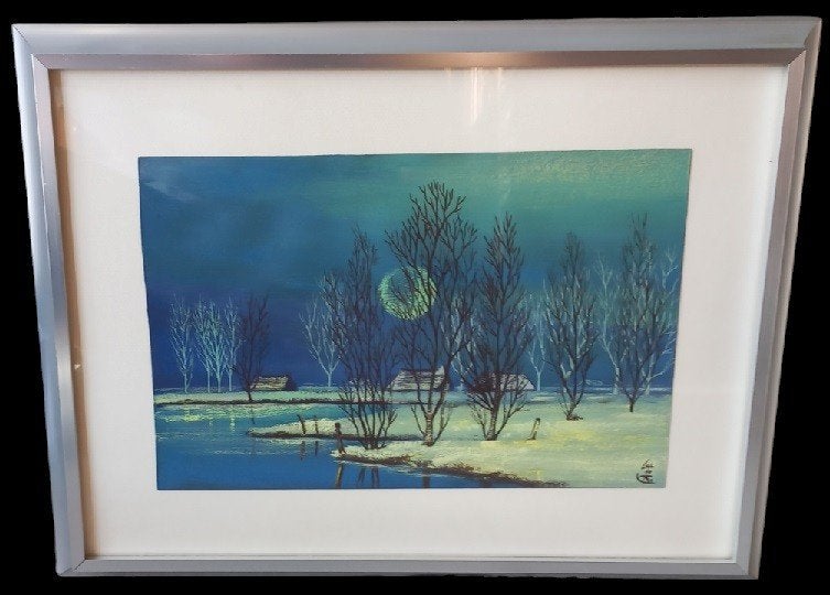 Luc De Ro blauw landschap, Achter glas, Gouache, Ophalen of Verzenden, Landschap
