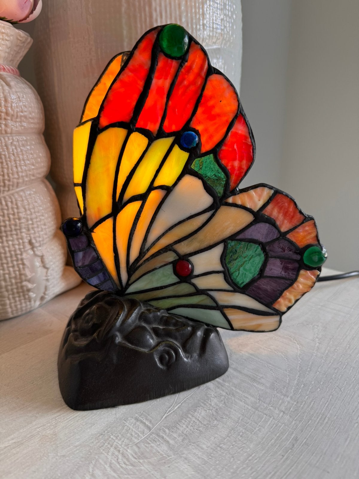 Vintage vlinder glazen tafellamp. Tiffany look-a-like, Ophalen, Gebruikt, Tiffany lamp, Vintage