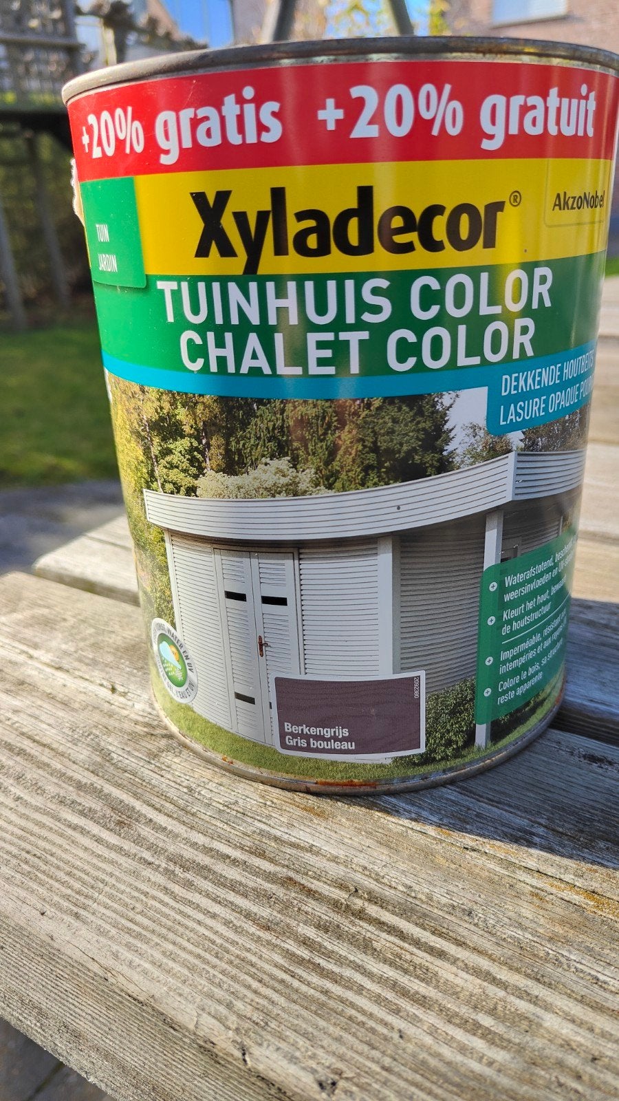 Tuinhuis houtbeits berkengrijs 4 emmers ongeopend, Ophalen, Verf