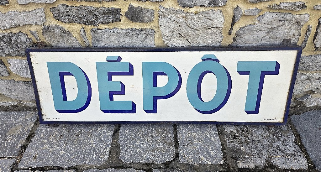 Plaque émaillée 1939 - Enseigne magasin DEPOT 148,5 x 47,5, Enlèvement, Comme neuf, Panneau publicitaire