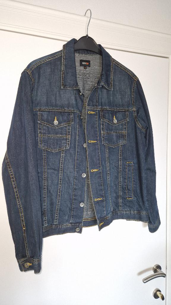 Veste en jeans bleu foncé avec surpiqûres oranges Medium, Neuf, Enlèvement ou Envoi, W32 (confection 46) ou plus petit, Denim Tex