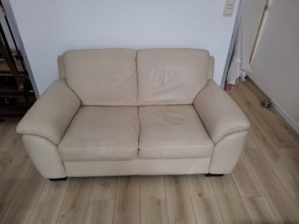 Beige leren bank, Ophalen, Gebruikt, Tweepersoons, Rechte bank