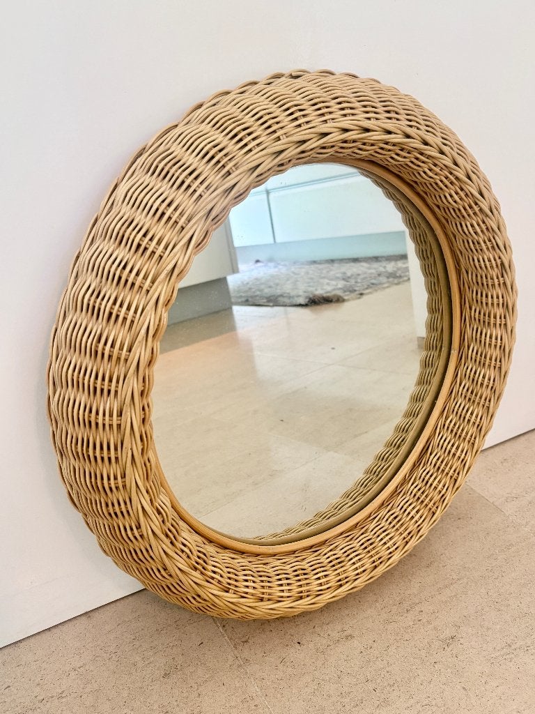 Rotan ronde spiegel, Huis en Inrichting, Woonaccessoires | Spiegels, Ophalen, Rond, Zo goed als nieuw, Minder dan 100 cm