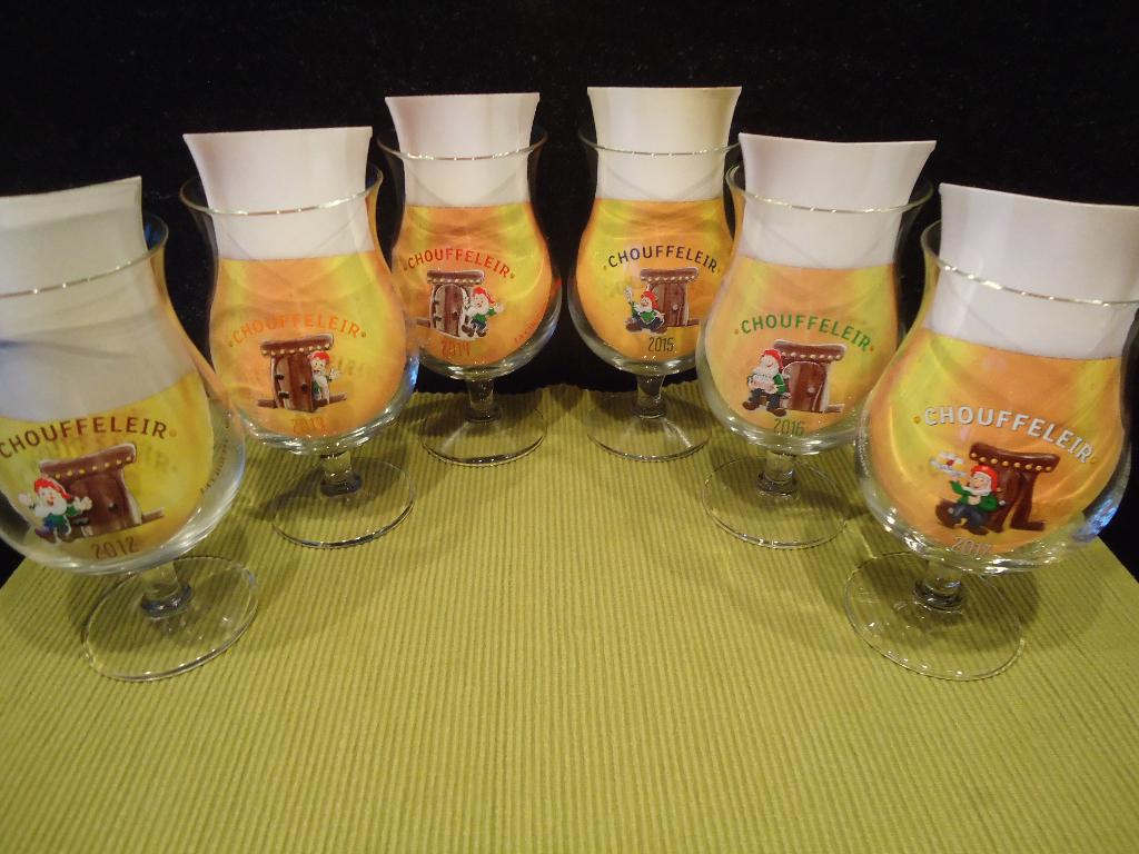 Br.d' Achouffe: Chouffeleir glazen 2012-013-014-015-016-017, Verzamelen, Biermerken, Ophalen of Verzenden, Nieuw, Glas of Glazen