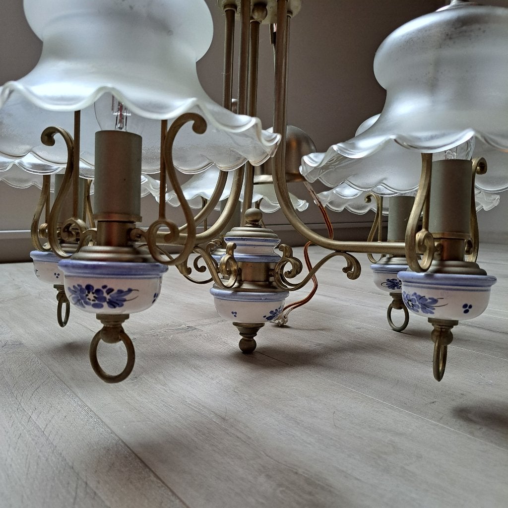 Tinnen luster met Delfs blauw, Ophalen, Gebruikt, Glas