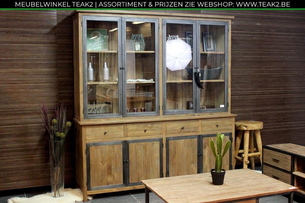 Nieuwe teak kasten - buffetkast en vitrinekast bij TEAK2, Ophalen of Verzenden, Nieuw, Glas, Met klep(pen)