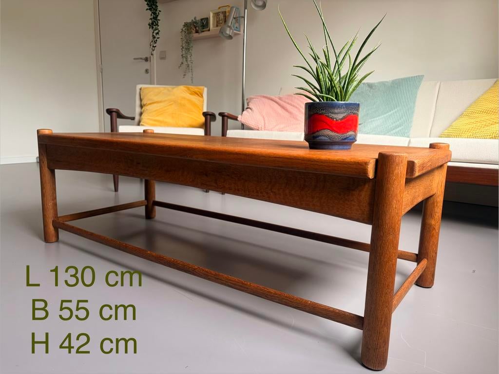 Grote stevige vintage houten salontafel 130x55x42cm, Ophalen, Gebruikt, 100 tot 150 cm, 50 tot 100 cm