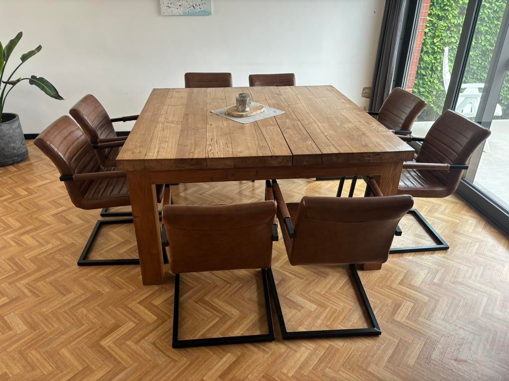 Teak tafel met stoelen, Huis en Inrichting, Complete eetkamers, Ophalen, Gebruikt