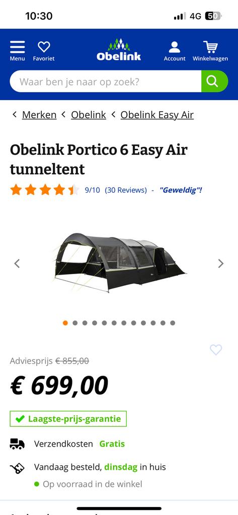 Obelink Portico, 6 personen, opblaasbare Easy Air tunneltent, Caravans en Kamperen, Tenten, Ophalen, Zo goed als nieuw, Tot en met 6