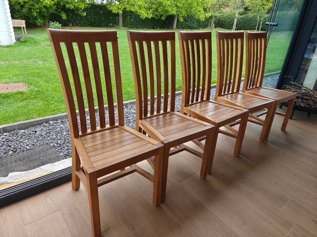 5 chaises de salle à manger en teck, Rustique., Comme neuf, Brun, Enlèvement