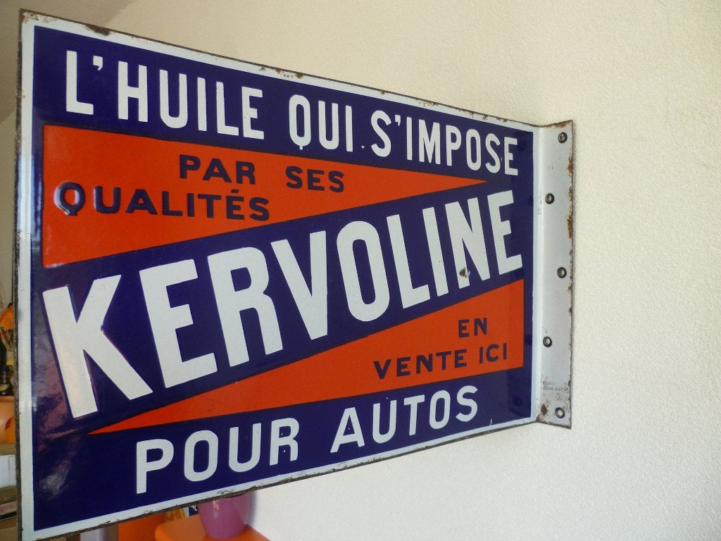 PLAQUE EN ÉMAILLE «KERVOLINE HUILES » DES ANNÉES 1930, Enlèvement ou Envoi, Utilisé, Panneau publicitaire