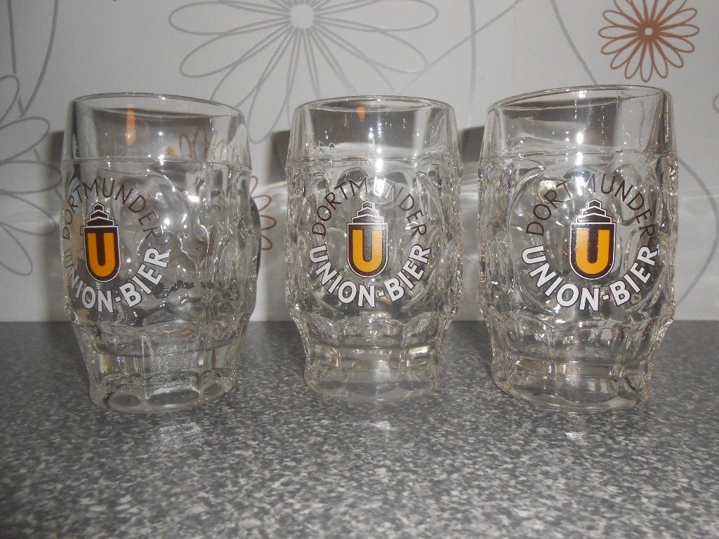 6 Dortmunder bierpinten met handvat, Ophalen of Verzenden, Zo goed als nieuw, Bierglas