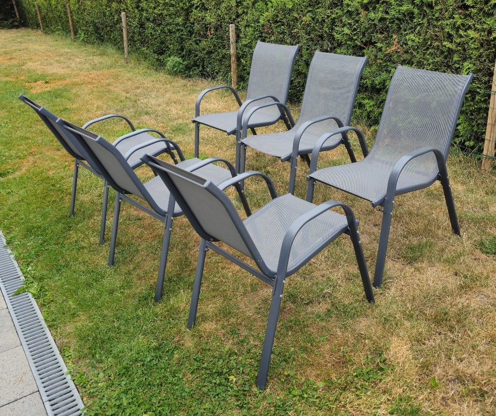 Set van 6 comfortabele en stapelbare tuinstoelen - gebruikt, Jardin & Terrasse, Chaises de jardin, Enlèvement, Utilisé, Textilène