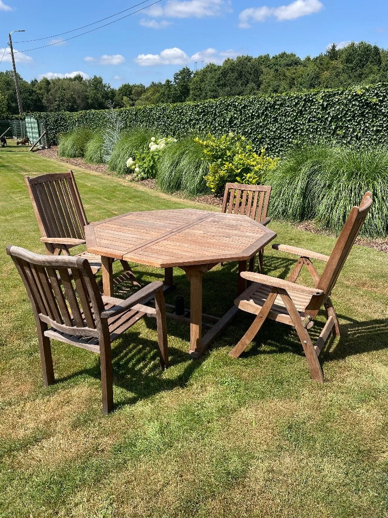 tuintafel en tuinstoelen teak, Jardin & Terrasse, Ensembles de jardin, Utilisé, Salons de jardin, Bois de teck, 8 places, Table à dinner