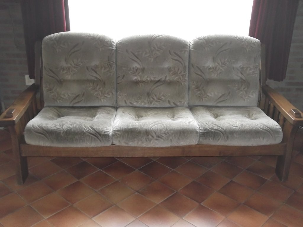 Gratis eikenhout salon driezits zetels mohair kussens, Huis en Inrichting, Ophalen, Gebruikt, Hout