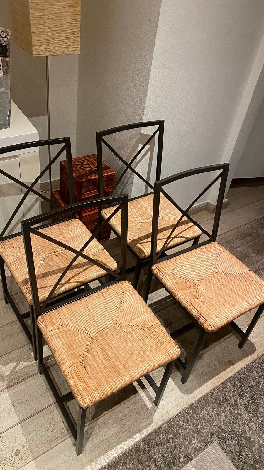 4 gietijzer eetstoelen met riet, Ophalen, Gebruikt, Zwart, Landelijk