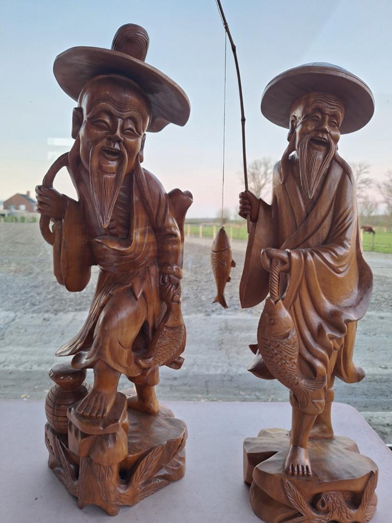 2 Chinese beelden in houtsnijwerk, Enlèvement, Fait main, Bois