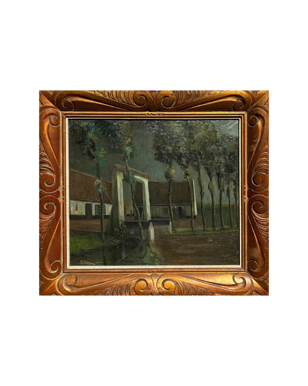 Huile sur toile d'une vue de ferme par Oscar Colman, Peinture à l'huile, Enlèvement, Encadré, Paysage urbain / rural