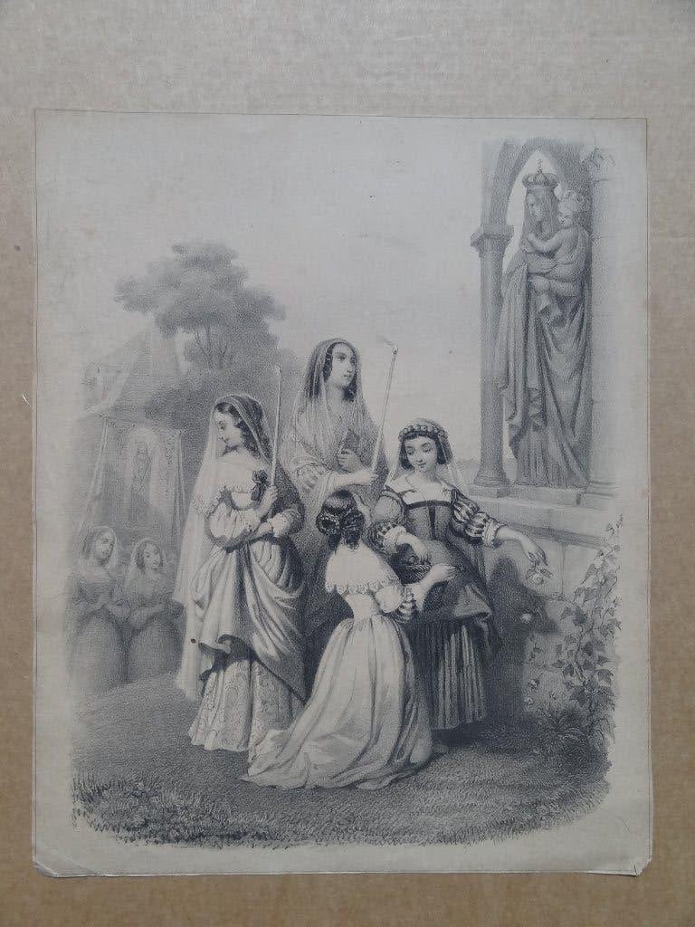 oude prent, Maria verering, 25 x 20 cm, Verzenden, Gebruikt, Kaart of Prent, Christendom | Katholiek