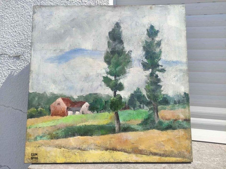 Huile sur toile paysage signe Léon devos, Antiquités & Art, Enlèvement ou Envoi, Paysage, Toile