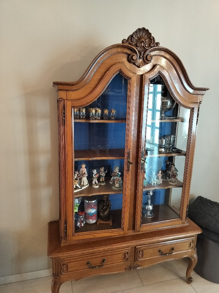 vintage of antieke eikenhouten vitrinekast, Ophalen, Gebruikt
