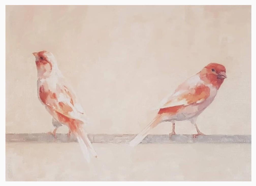 Vogels in kooi - Olieverf op doek, Antiek en Kunst, Ophalen